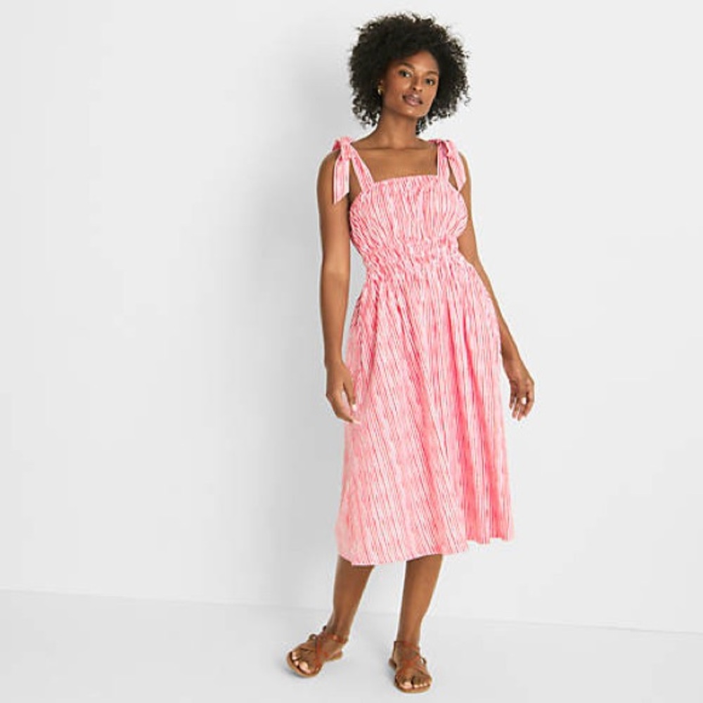 Lands' End Candy Striped Tie-Shoulder Smocked Midi Sun Dress